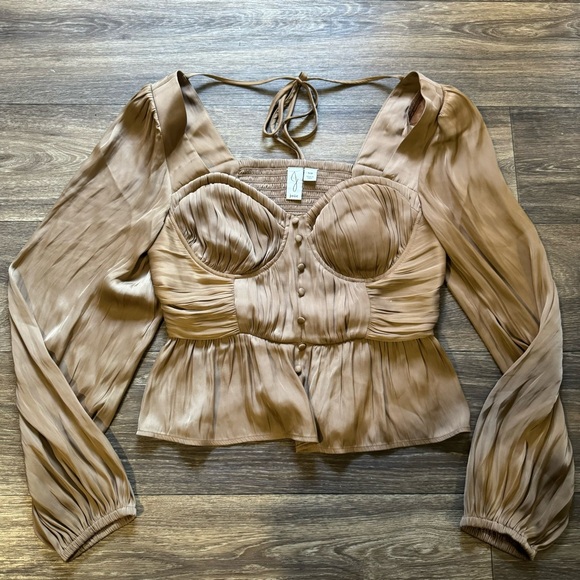 NWOT Joie light brown bustier satin blouse top - Picture 2 of 6